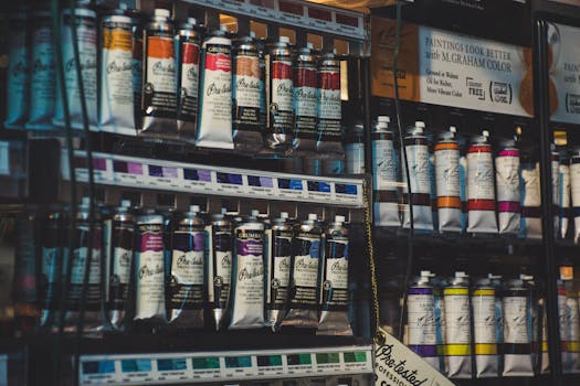 一排色彩缤纷的专业油漆管陈列在充满活力的艺术品商店过道上