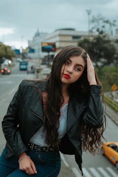 Fashionable woman poses outdoors in Manizales, Colombia, wearing a black leather jacket.