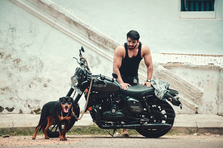 Man And Dog With Motorcycle