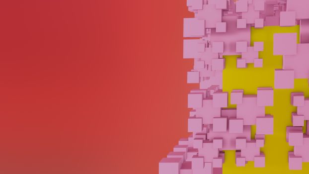 Creative 3D render of pink cubes on a vibrant red and yellow background, showcasing modern abstract geometry.