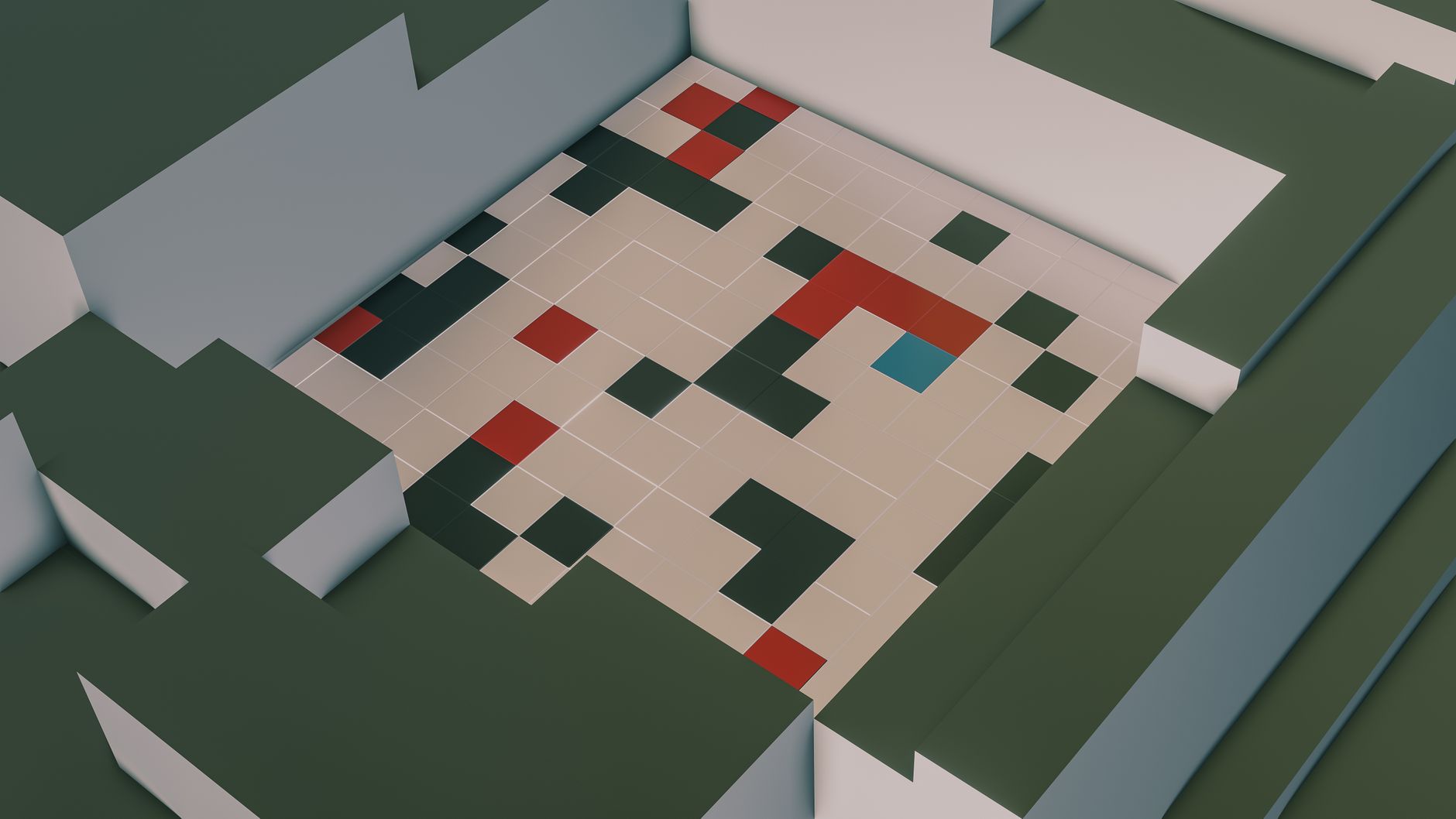 A modern 3D render featuring geometric shapes and color blocks in abstract arrangement.