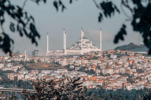 Free Scenic aerial view of Camlica Mosque amidst Istanbul skyline, highlighting rich architectural heritage. Stock Photo