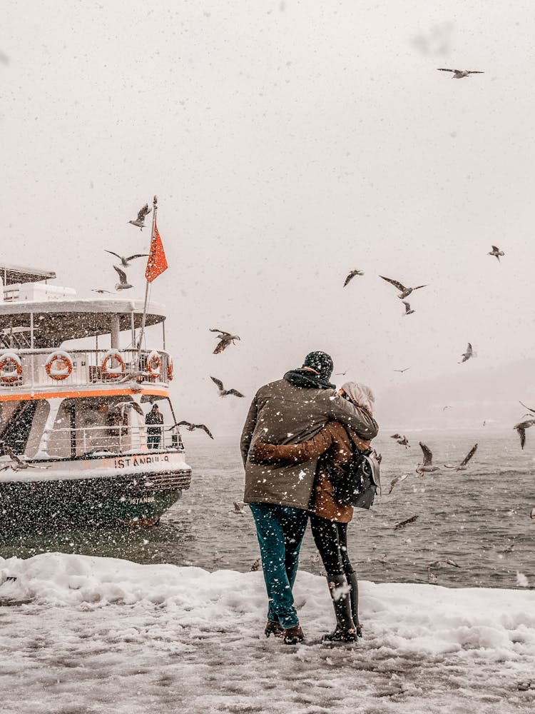 Couple Hugging In Winter By A Boat And Birds Flying Around