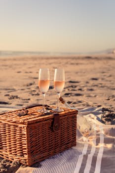 Peaceful beach picnic setup with wine glasses and wicker basket.