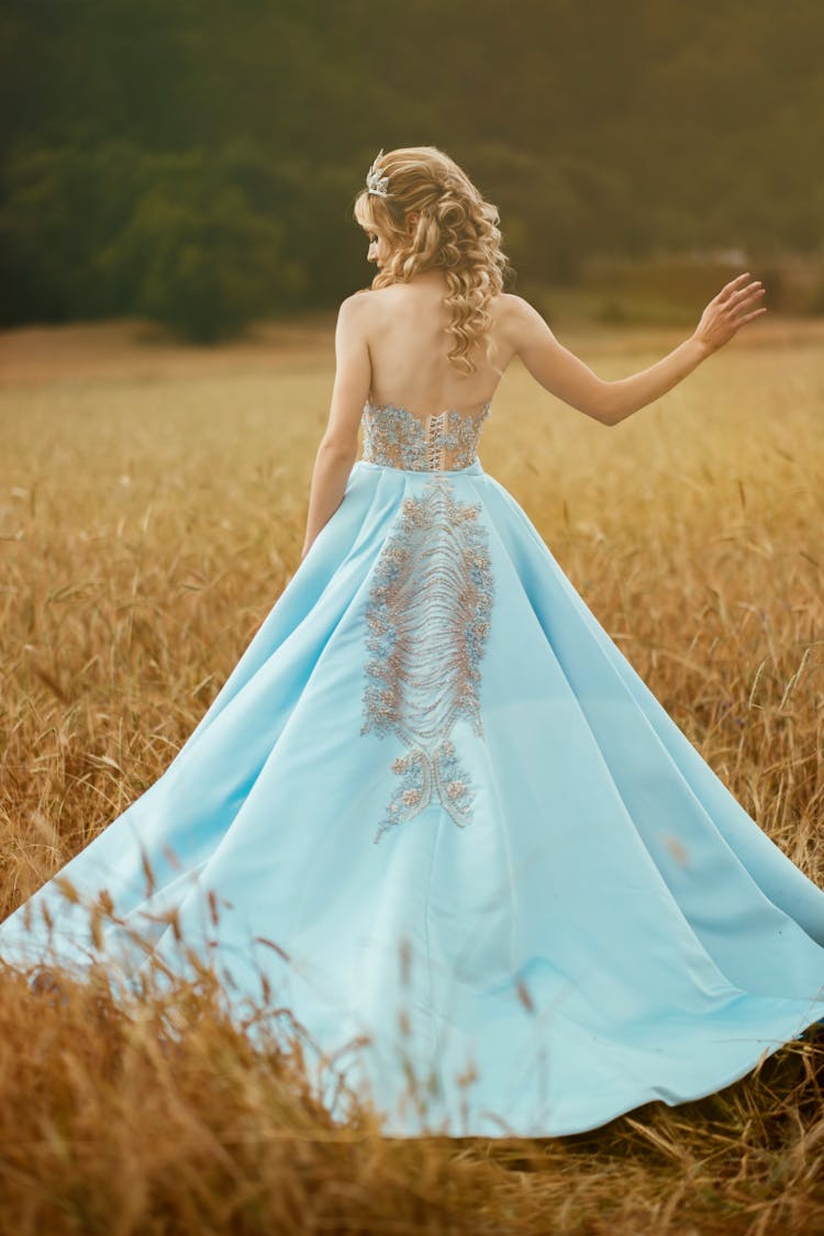 Portrait Of Woman In A Long Blue Dress In A Field