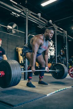 A muscular man performs a heavy deadlift in a gym, showcasing strength and fitness.