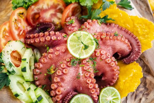 A vibrant gourmet octopus dish garnished with lime, fresh tomatoes, cucumbers, and crispy plantains.