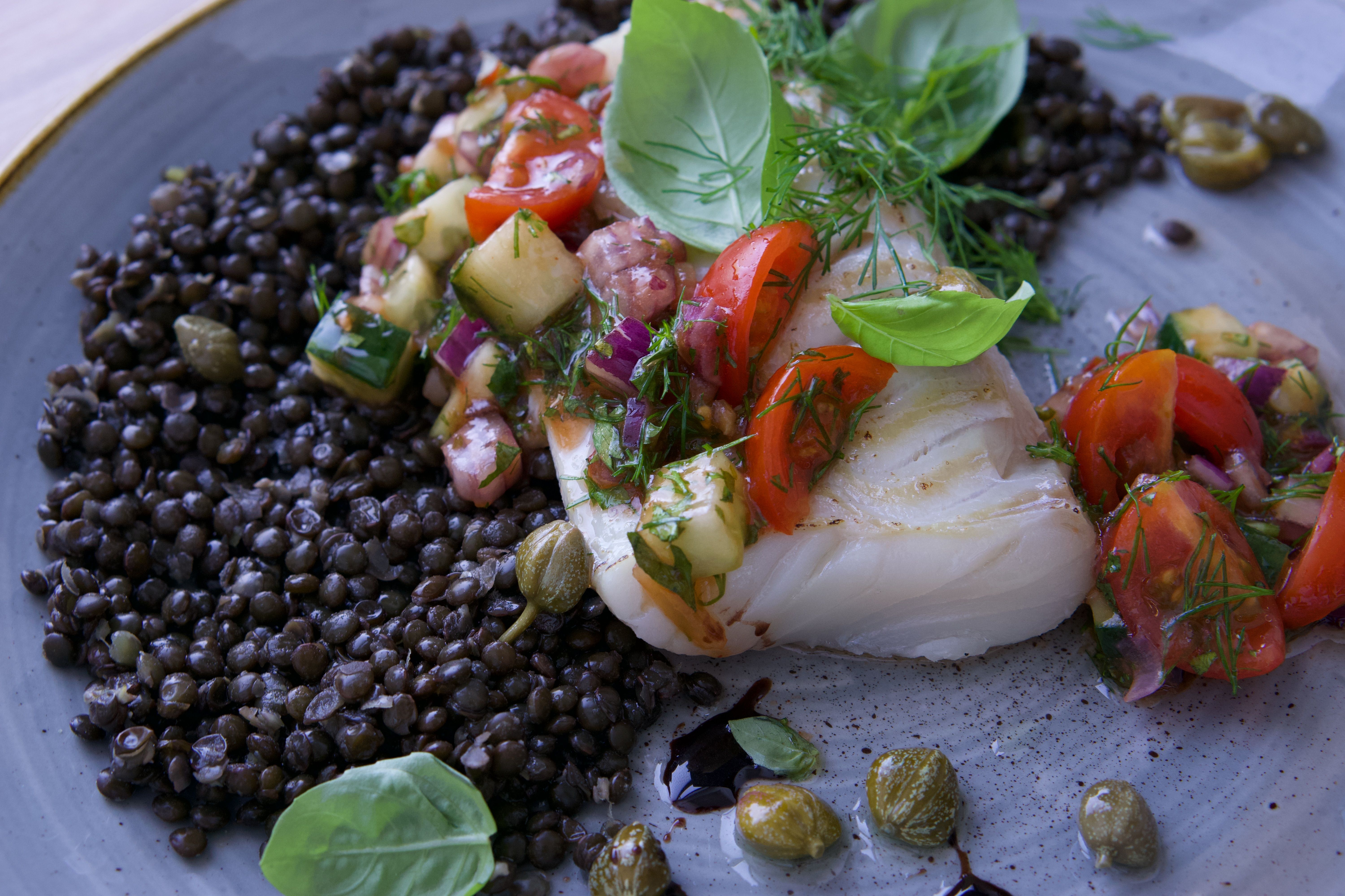 Fish with caper basil sauce