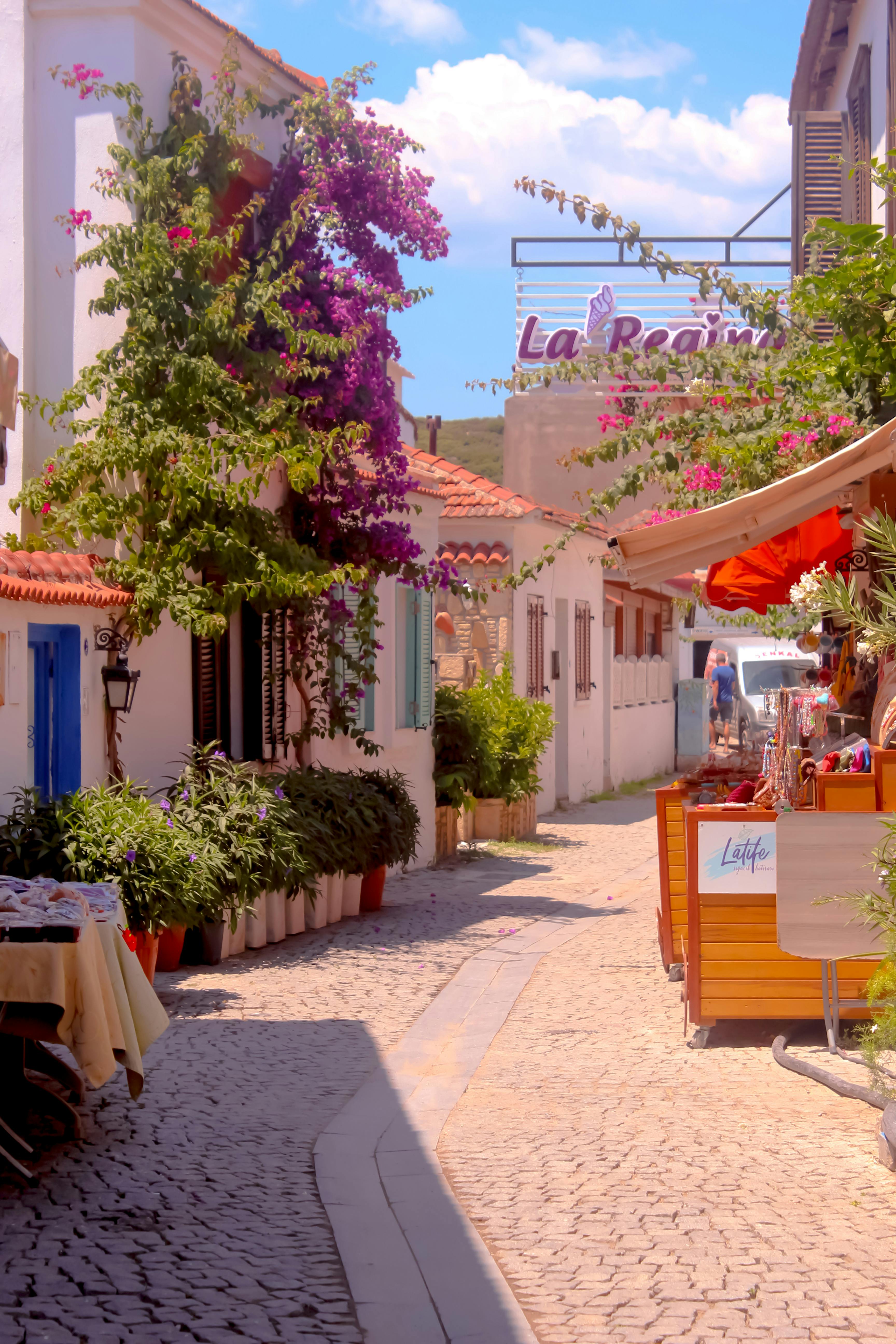 Cobblestone street in Sığacık, İzmir, Turkey adorned with blooming flowers and market stalls.