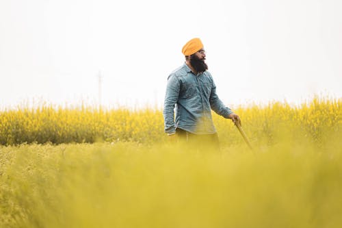 A Bearded Man in Denim Long Sleeves Wearing e Yellow Turban while Standing on the Field