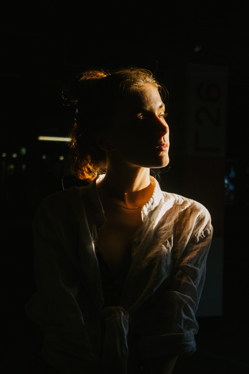 Free A woman's portrait captured in dramatic lighting with shadow play, creating an artistic and introspective mood. Stock Photo
