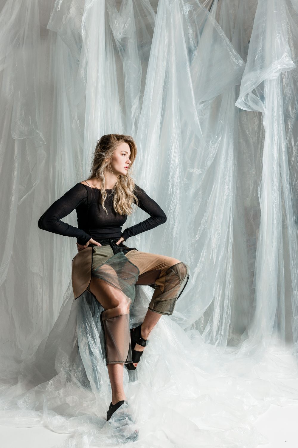 Stylish studio portrait with a modern backdrop