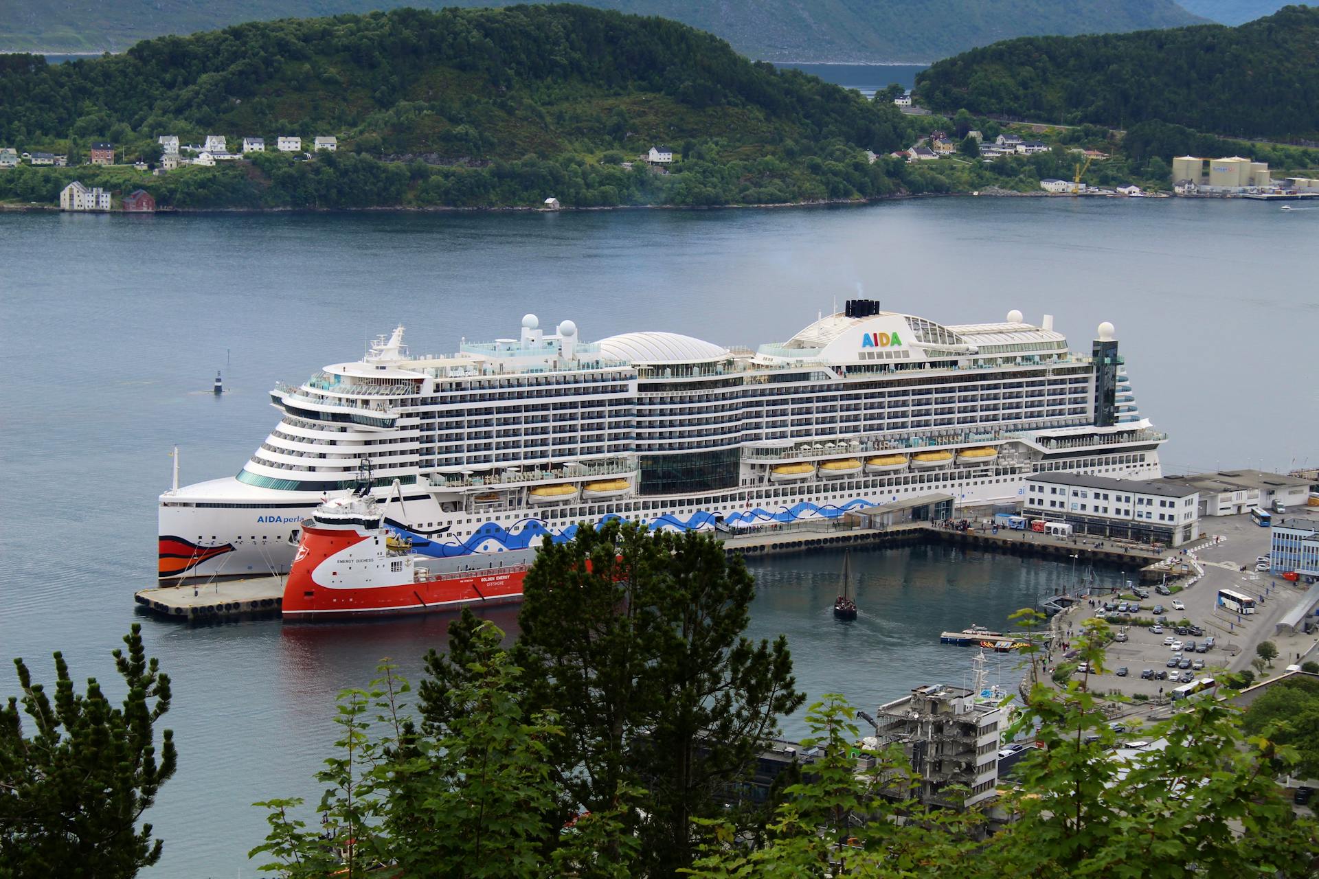 Cruise ships anchored at Bergen Harbour, Norway, amidst scenic fjords and greenery.