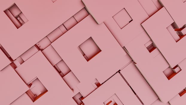 Contemporary abstract design featuring overlapping pink geometric squares in a 3D render.