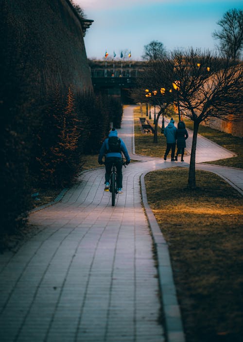 Person in Blue Jacket Riding a Bicycle in the Park