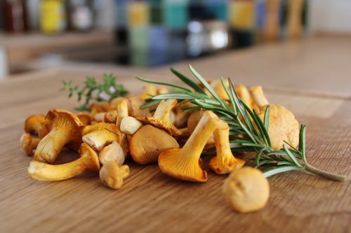 Chanterelles with rosemary on a wooden table