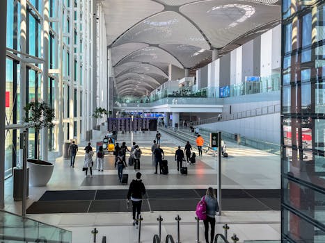 Travelers walking through the spacious modern terminal at Istanbul Airport.