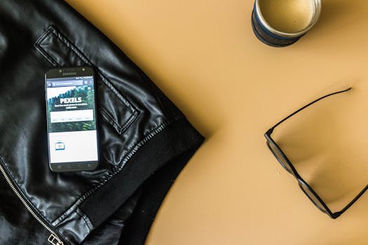 Stylish flat lay featuring a black leather jacket, smartphone, coffee, and glasses on a tan surface.