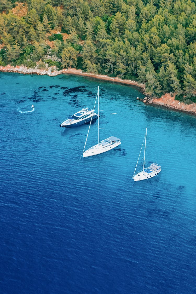 Yacht And Sailboats Anchored Near The Shore