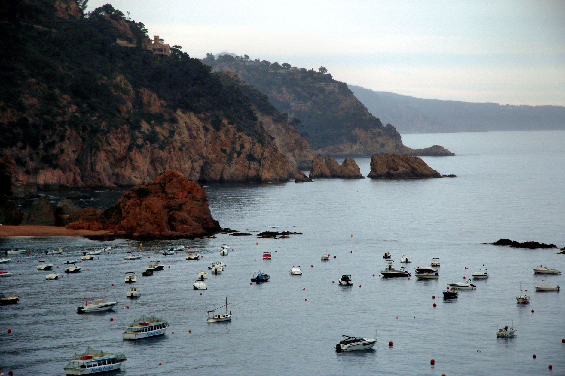 Early-morning Camí de Ronda coastal path north of Tossa de Mar, pine forest on clifftop with the Vila Vella and bay visible in the distance