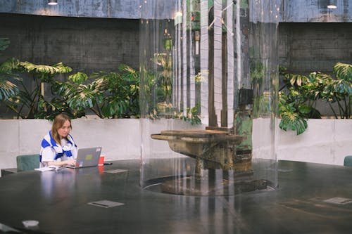 Woman Working on a Laptop in the Hall of a Modern Office Building