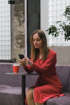 Woman sitting in a cafe, wearing a red dress, using a smartphone with a cup of coffee on the table.