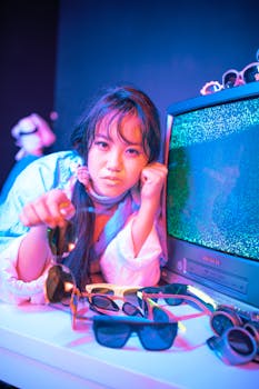 A young woman poses with sunglasses and a vintage TV under vibrant lighting.