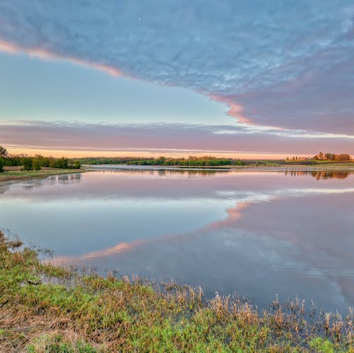 Green Grass Near Body of Water Under Blue Sky