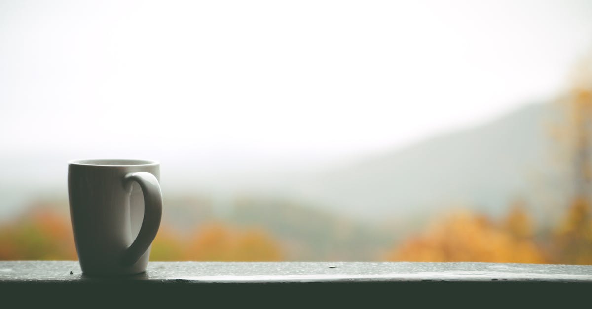 White Mug on Window over Looking Autumn Trees and Hills in Distance during Daytime