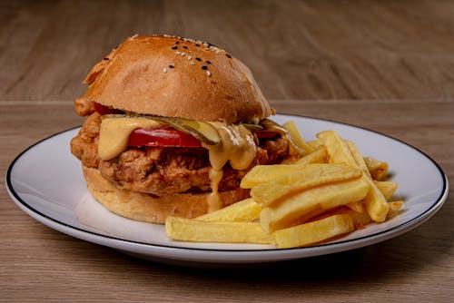 Burger With Fries on on White Plate