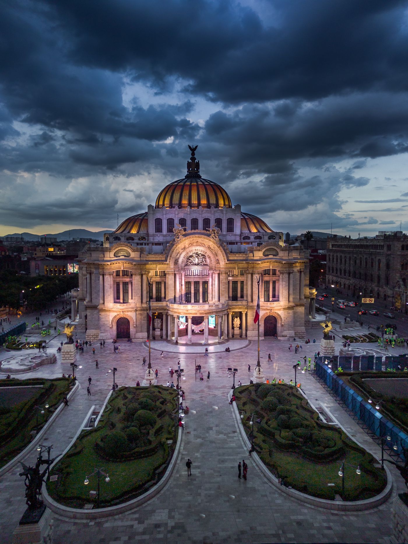 Aerial view of the Palacio de Bellas Artes in Mexico City at dusk