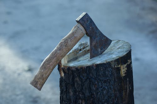 Free An Axe in Stamp in a Tree Stump Stock Photo