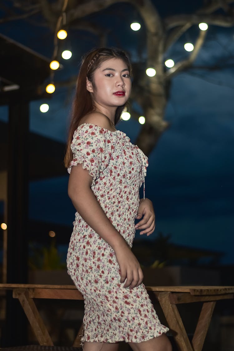 Woman In Patterned Dress Posing For Ph