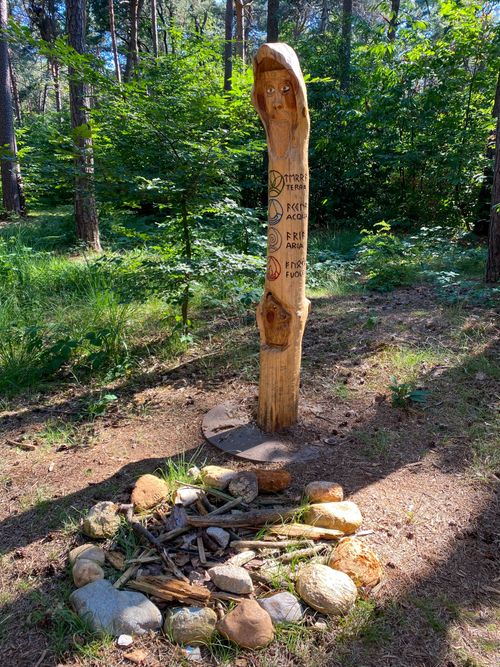 Free Wooden pole with carvings on a sunny forest floor, surrounded by stones and sticks. Stock Photo