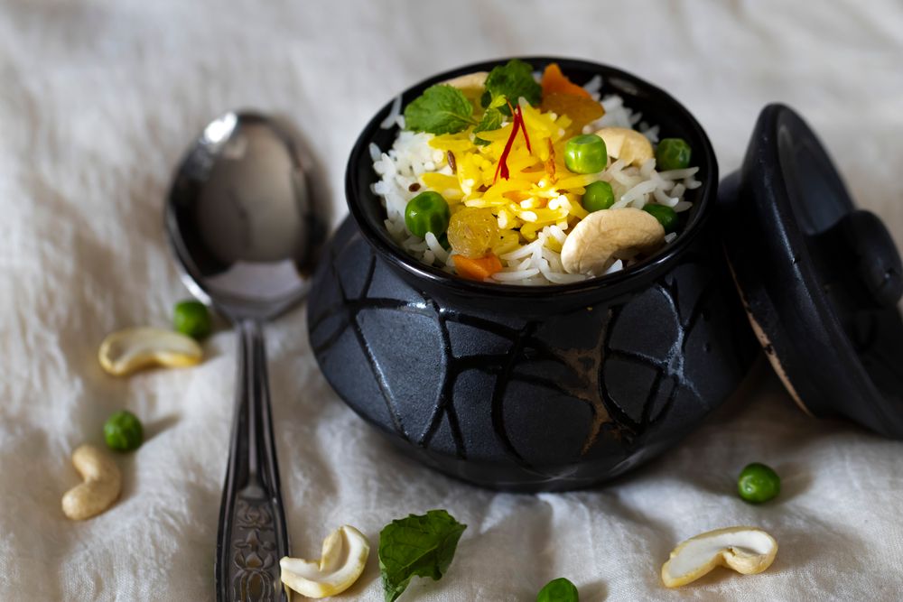 Fragrant rice pulao with peas and cashews