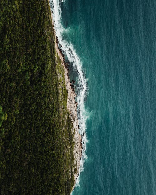 Drone Shot of a Coastline and Blue Sea