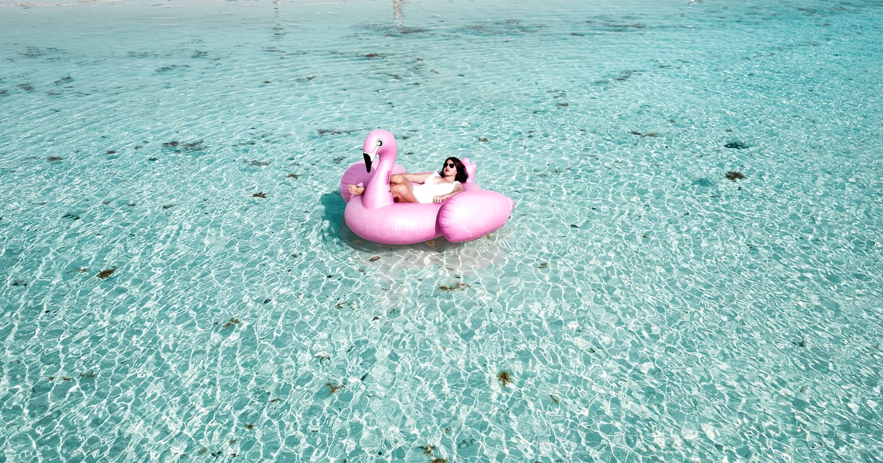 Traveller drifting on a flamingo float in clear turquoise shallows — photo by LRM Exterior on Pexels