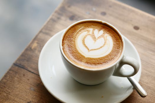 A close-up of a decorative latte with heart-shaped latte art in a white cup on a wooden table.