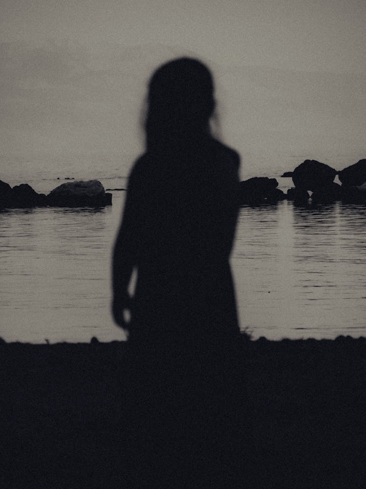 Silhouette Of A Woman Standing By The Sea At Dusk 