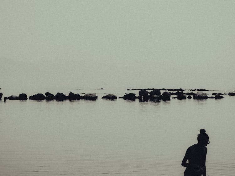 Silhouette Of A Woman By Sea In Black And White