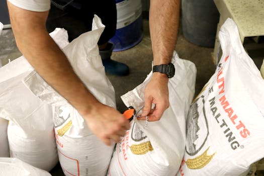 一名男子在啤酒厂室内打开了一袋大麦芽