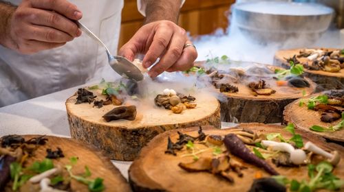 Free A chef artfully plating a gourmet dish with mushrooms and greens on wood slices. Stock Photo