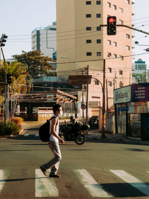 Man Wearing Black Backpack Walking on the Pedestrian Crossing