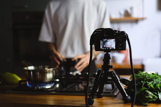 A camera records a cooking tutorial in a modern kitchen with fresh ingredients.