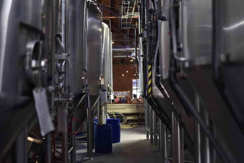 Stainless steel brewing tanks at Ironside Brewing Co. in Asheville