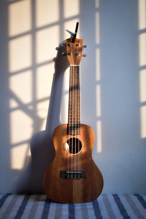Brown Acoustic Guitar on White Wall