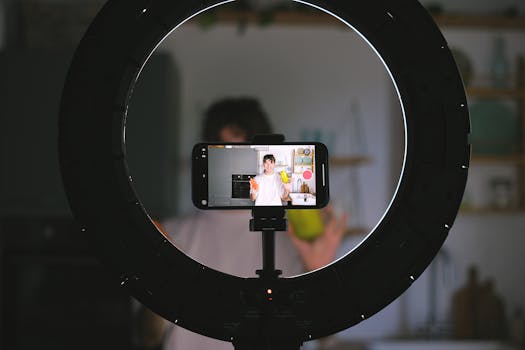 A food blogger records a video using a smartphone and ring light in a kitchen setting.