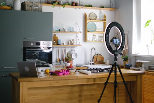 Contemporary kitchen interior with baking setup, laptop, and ring light, perfect for content creation.