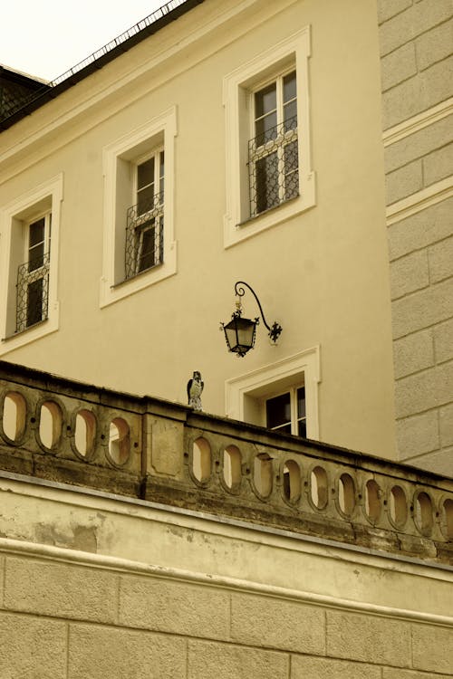 Photo of a Facade of a Building and a Bird Sitting on a Wall 