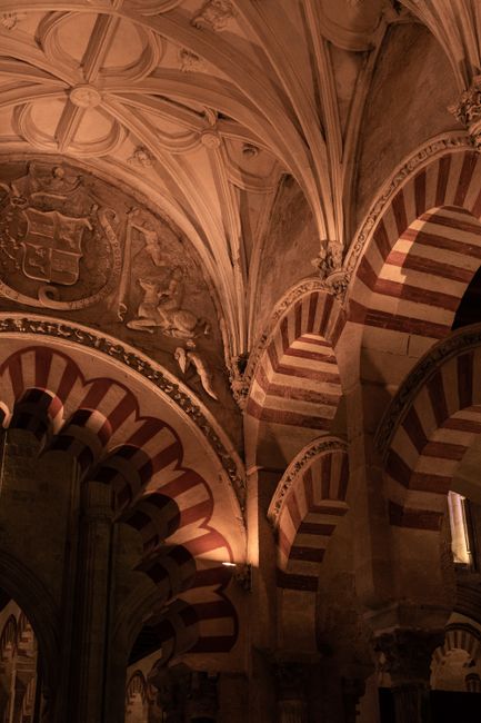Intricate Gothic arches and patterns in the Mosque-Cathedral of Córdoba, capturing historic beauty.